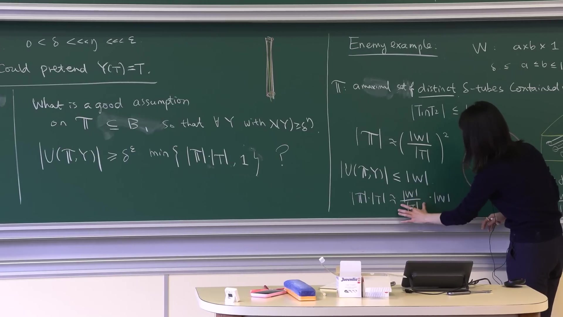 Blackboard: the enemy example, an a×b×1 box packed with all distinct δ-tubes