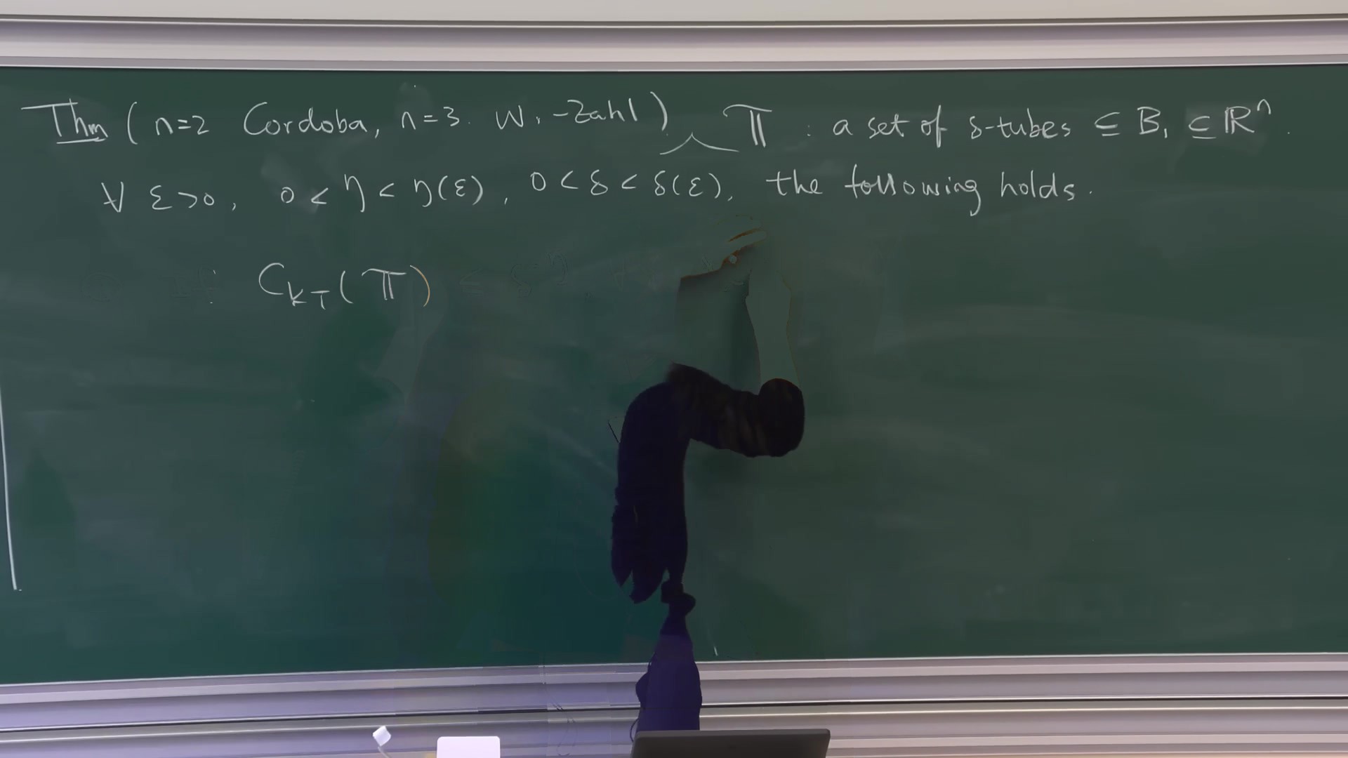 Blackboard: the theorem, attributed to Córdoba for n=2 and W.–Zahl for n=3